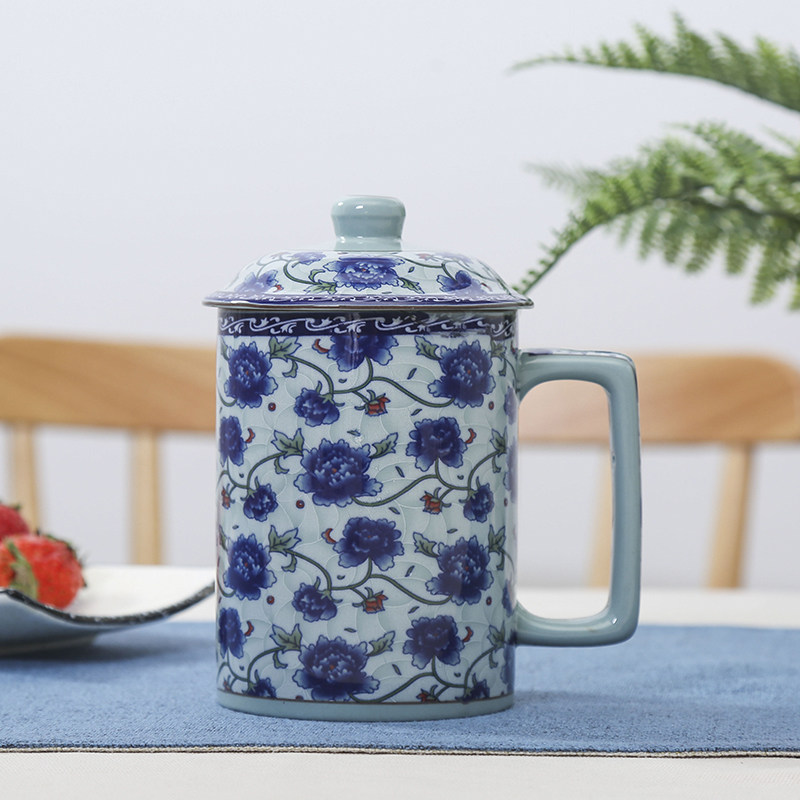 冠福青花瓷陶瓷茶杯茶水分离带盖办公室个人泡茶杯子复古茶具