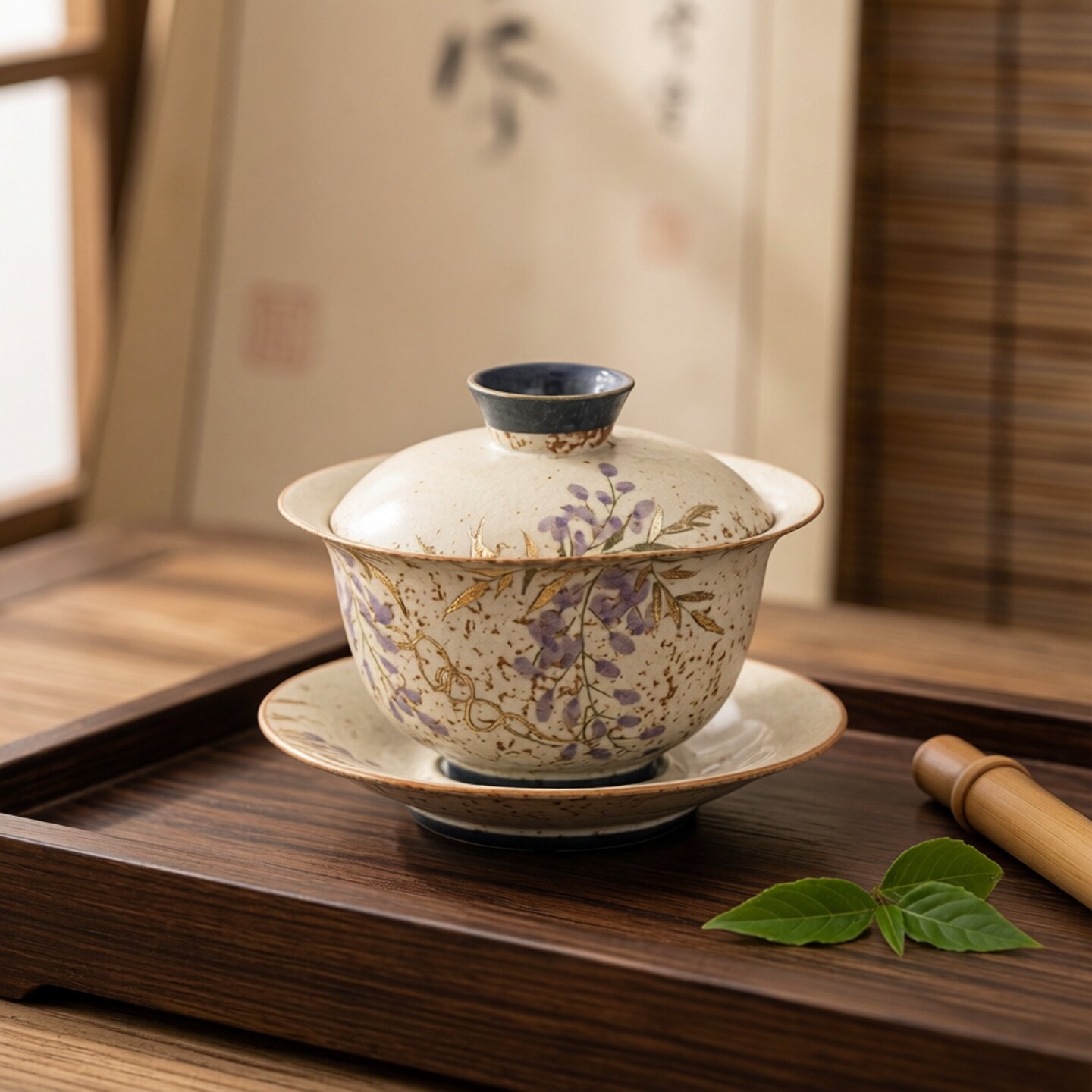 青花火石红盖碗茶杯描金手绘紫藤花带盖泡茶碗高档三才不烫手单个