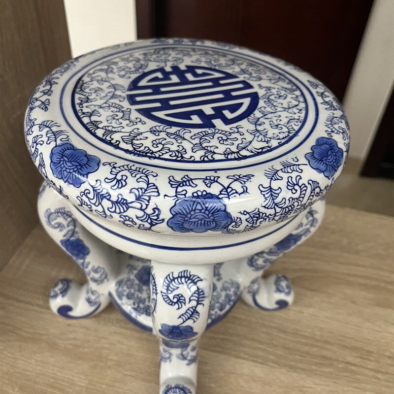 青花瓷仿古典四脚古凳子客厅落地桌面摆件手绘拼接景德镇花盆底座