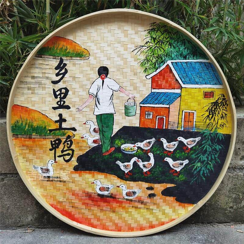 竹编手绘簸箕画装饰品餐厅餐馆挂饰米筛墙饰田园农村墙面背景挂画