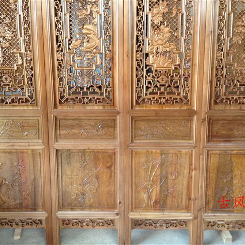 仿古屏风隔断 四季花鸟折屏 中式实木镂空酒店办公室客厅木雕屏风
