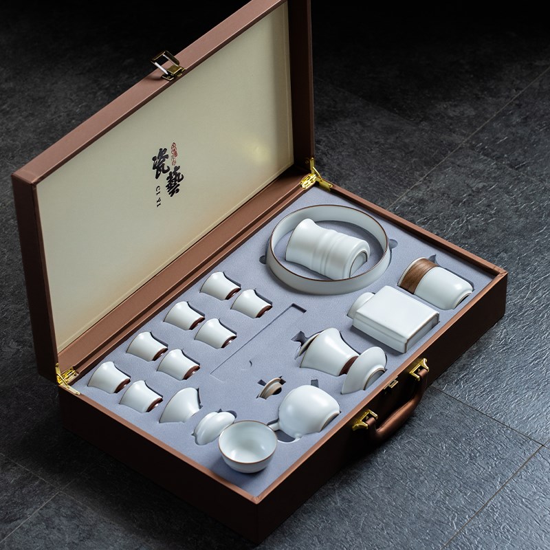 月白汝窑功夫茶具茶杯家用轻奢办公室盖碗泡茶套装中式简约整套