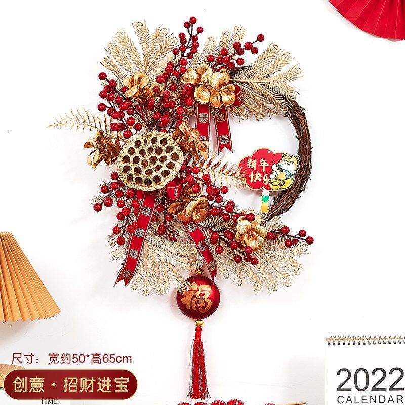 2023新年元旦春节装饰品创意藤圈红果枝花环挂饰场景布置挂件