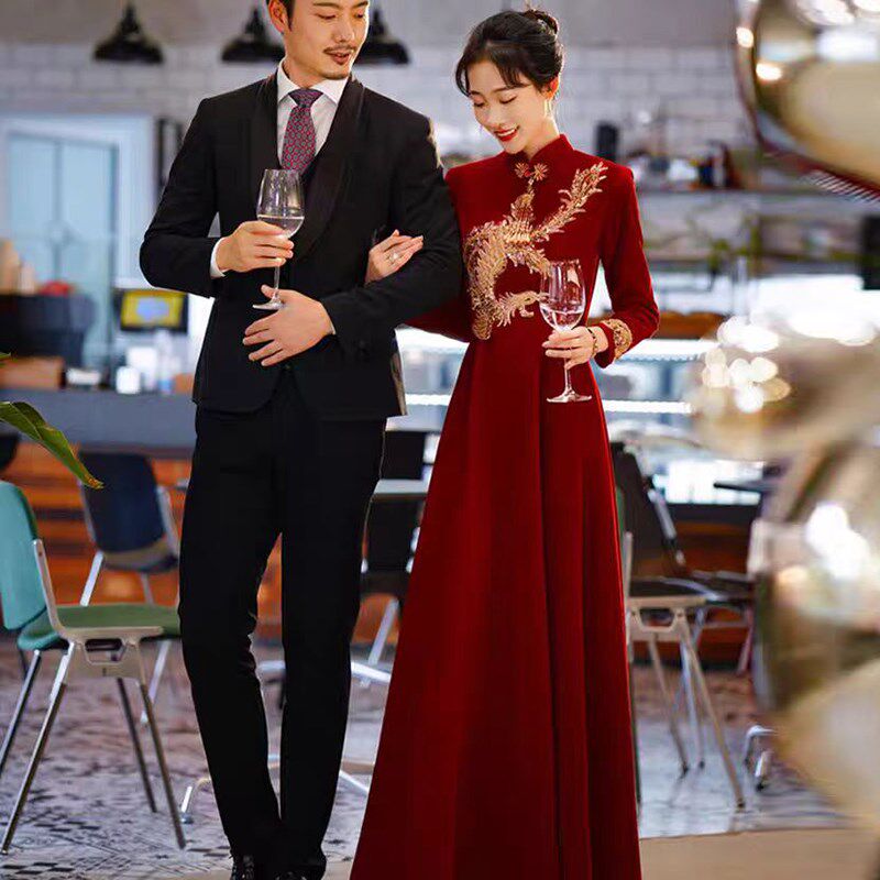 大码孕妇酒红色中式改良旗袍敬酒服新娘高腰遮肚子结婚礼服订婚服