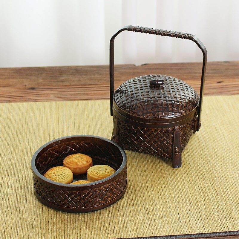 竹编日式篮子手提复古大漆食盒田园风茶道具收纳筐创意茶点盒双层