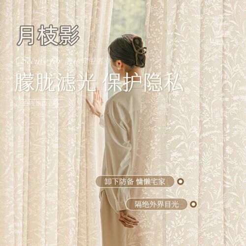 月枝影纱帘d窗帘法式镂空2025新款阳台客厅窗纱透光不透人奶油色
