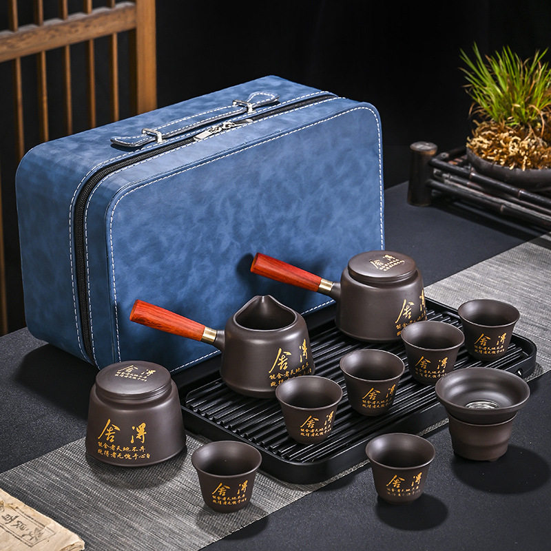 紫砂日式简约家用功夫便携旅行茶具套装一壶六杯罐大套礼品送领导