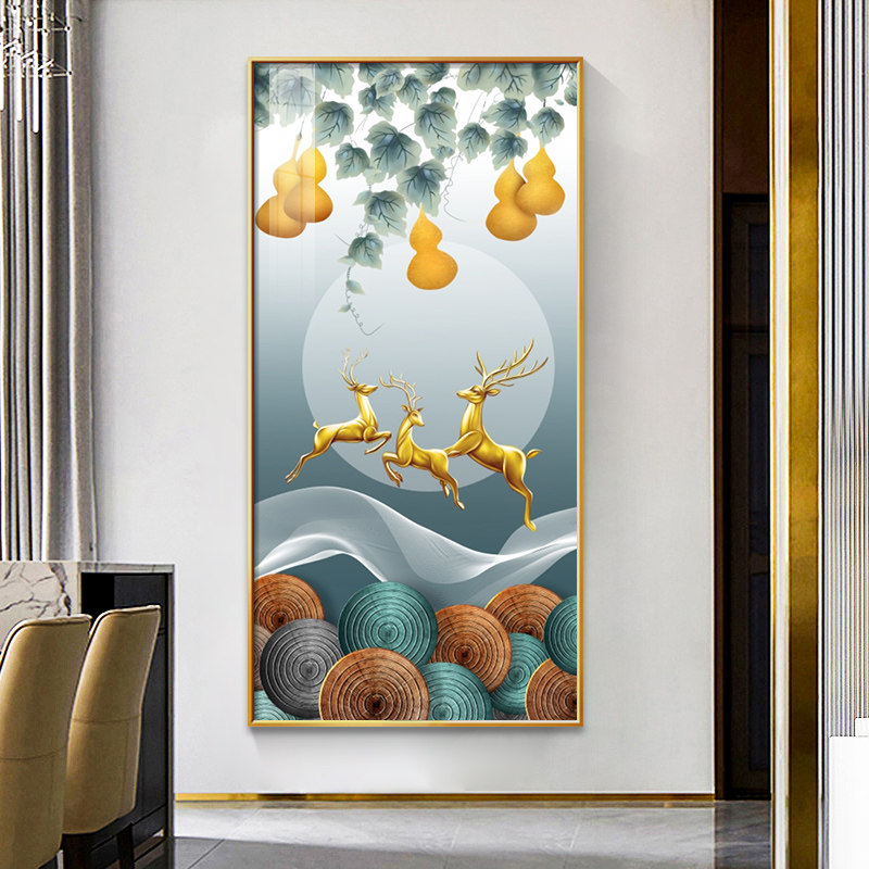发财树入门玄关装饰画轻奢大气走廊过道尽头挂画竖版客厅壁画麋鹿
