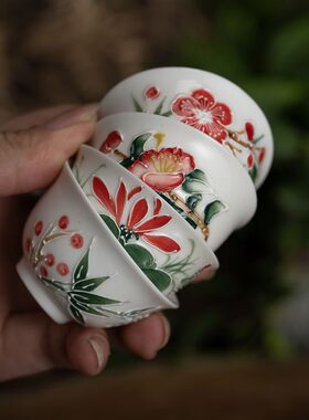 木鱼 潮州老瓷器 浮雕手绘粉彩功夫茶杯 凤凰单丛小品茗杯反口杯