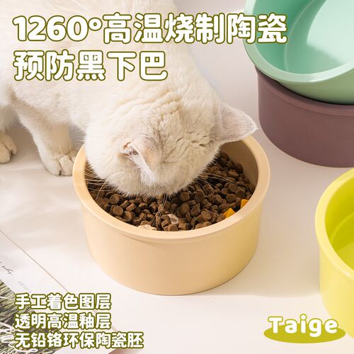 陶瓷猫碗猫食盆高脚大口径防黑下巴护颈大号宠物猫狗碗斜口防打翻