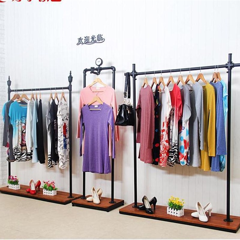 复古实木铁艺服装店展示架货架落地挂衣架陈列架中岛架衣帽架包邮