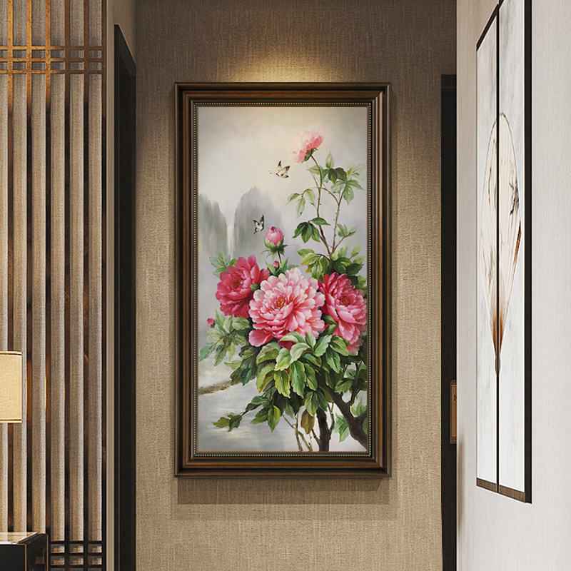 牡丹花开富贵美式入门玄关装饰画复古欧式墙壁画花卉油画客厅挂画