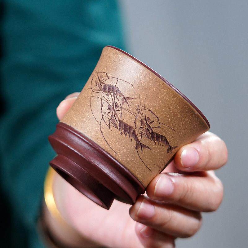 宜精HZY品紫砂主人全手杯工刻绘六顺图虾趣兴铃铛杯家用茶品茗杯