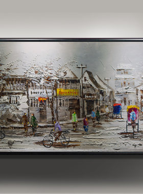 手绘油画复古怀旧北京挂画客餐厅卧室床头画背景墙咖啡横幅装饰画