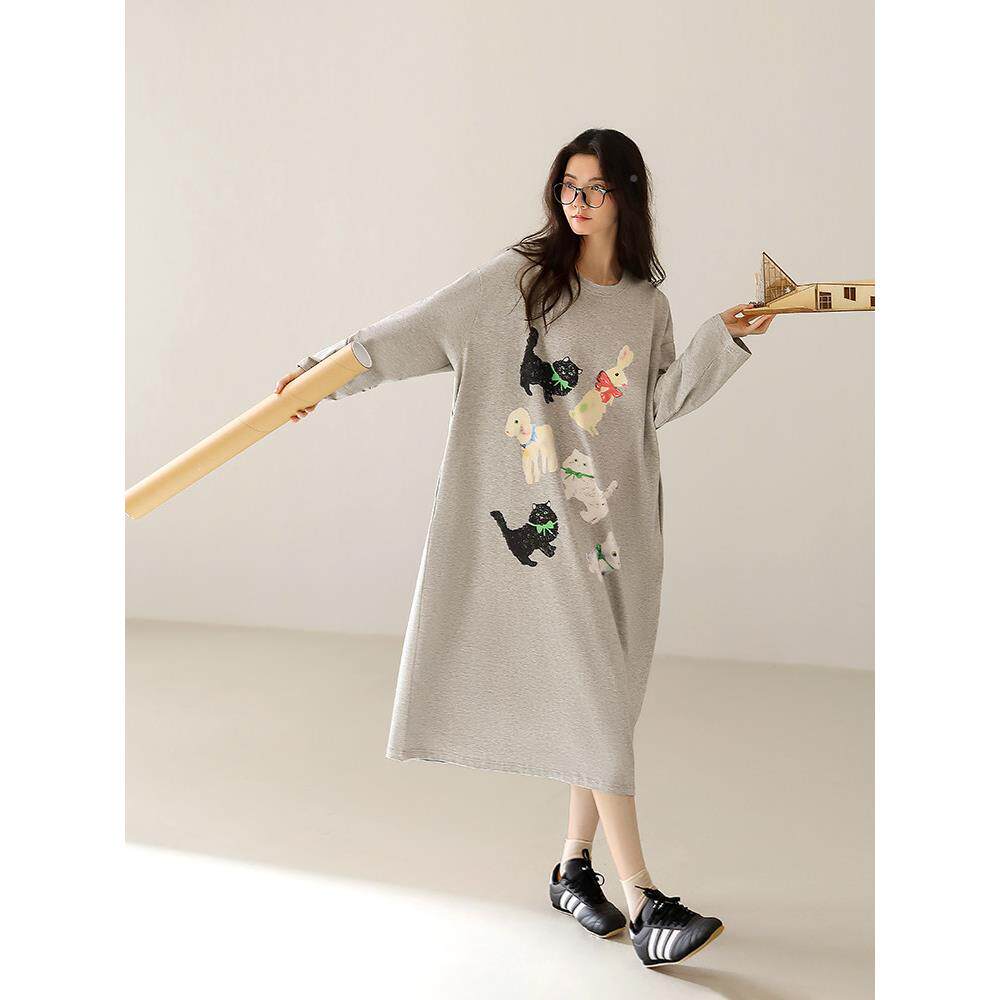 悦睡裙内家女款睡衣春秋季纯棉居服宽松卡加大码通猫咪休闲22665