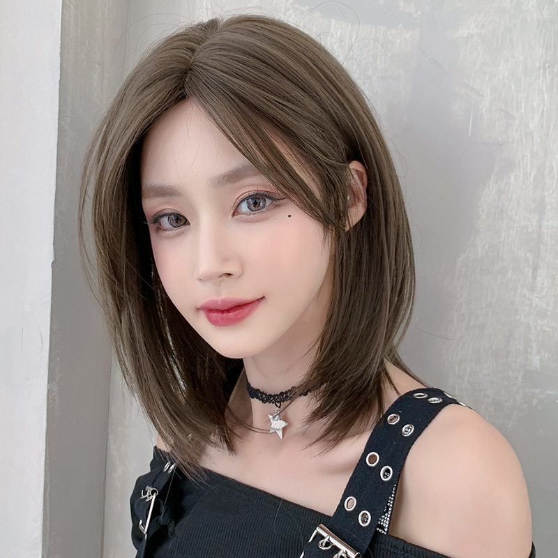 自然中分短直潮款假发 套头式蓬松锁骨少女发型全头套假发女