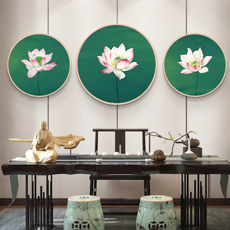 荷花新中式装饰画中国风客厅餐厅玄关卧室背景墙挂画圆形水墨画
