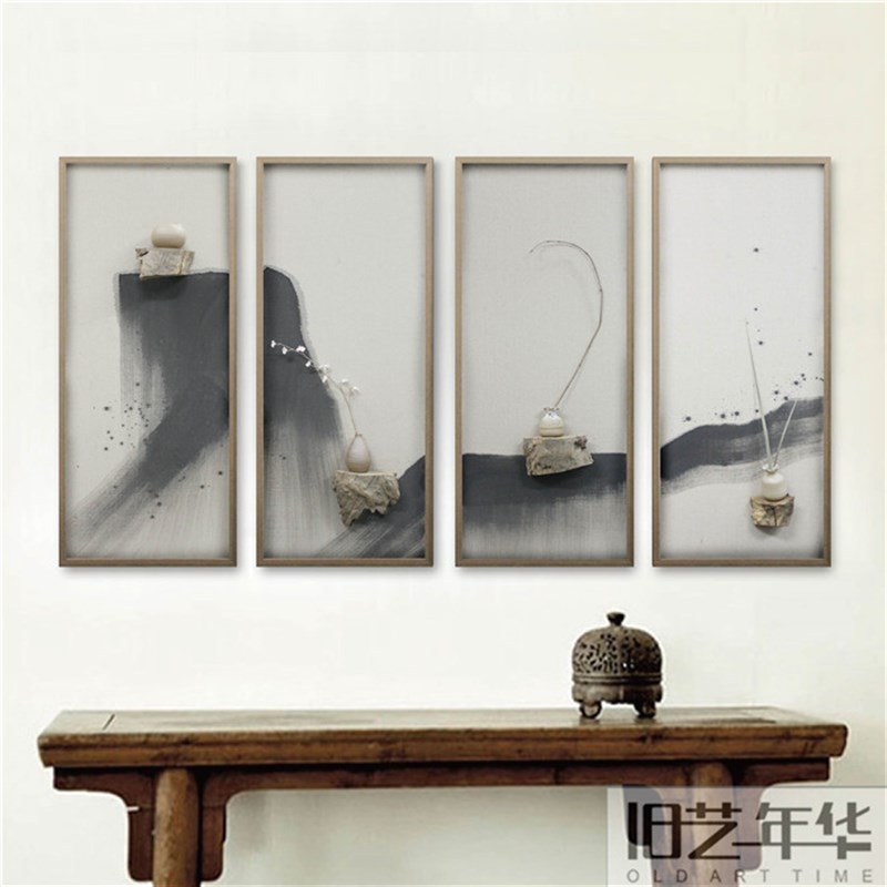 花瓶摆件 客厅 插花装饰画新中式手工立体木头挂画实物水墨创意画