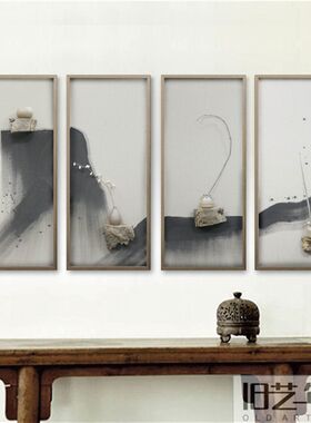 花瓶摆件 客厅 插花装饰画新中式手工立体木头挂画实物水墨创意画