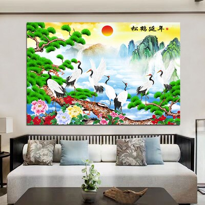 松鹤延年仙鹤图中国风福寿祥瑞海报山水画客厅沙发背景墙贴画自粘