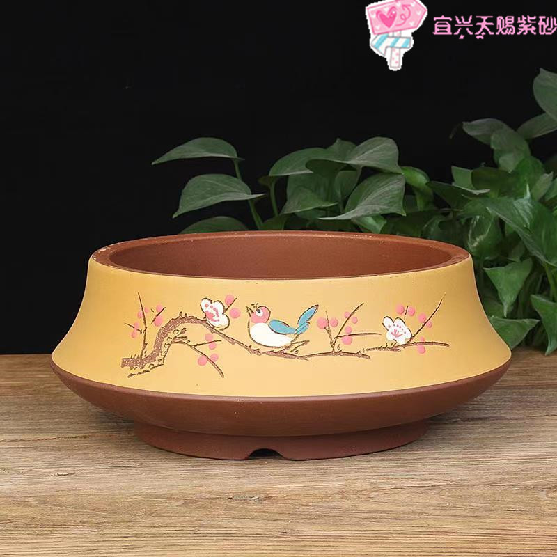 宜兴紫砂花盆创意圆盆点彩室内外中国风盆景盆栽绿植绿萝多肉大号
