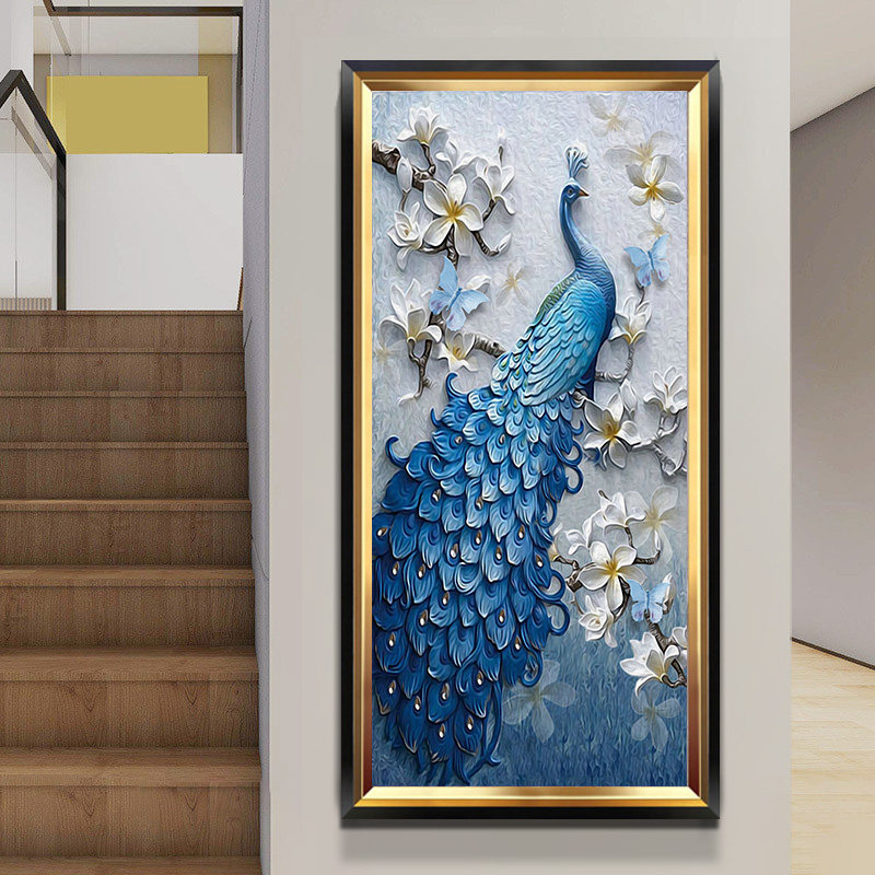 入户玄关装饰画竖版欧式客厅过道走廊挂画华贵孔雀开屏进门墙壁画