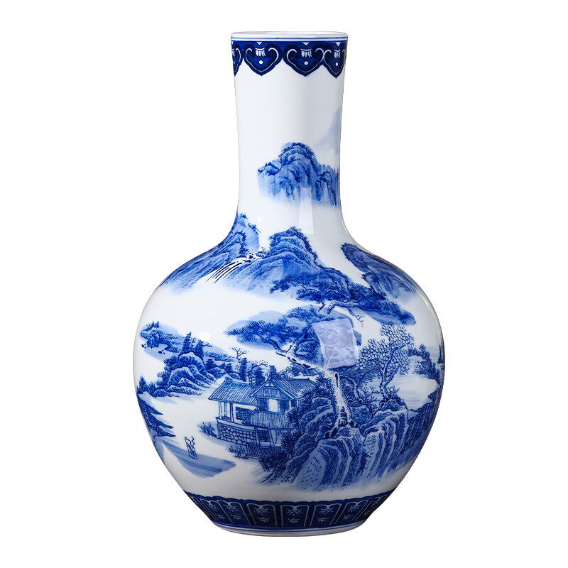 青花山水图陶瓷花瓶中式客厅装饰品插干花玄关酒柜博古架瓷器摆件