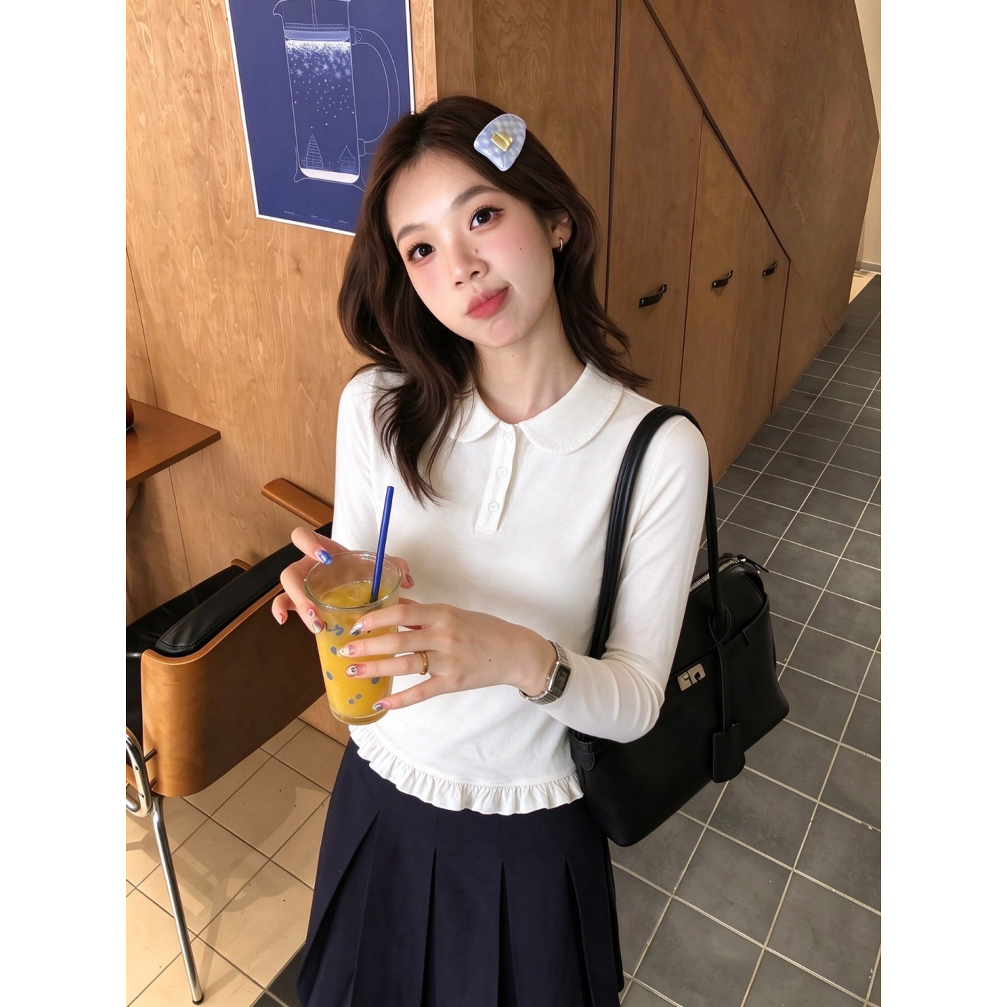 韩系娃娃领长袖T恤女设计感2026秋冬季木耳边收腰内搭打底小上衣