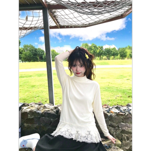 蕾丝拼接打底衫女早秋季设计感高领中长款遮胯假两件叠穿长袖上衣