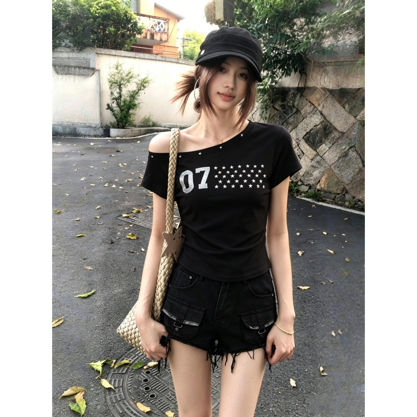 古早美式短袖t恤女夏季修身辣妹上衣星星氛围感铆钉斜肩型打底衫