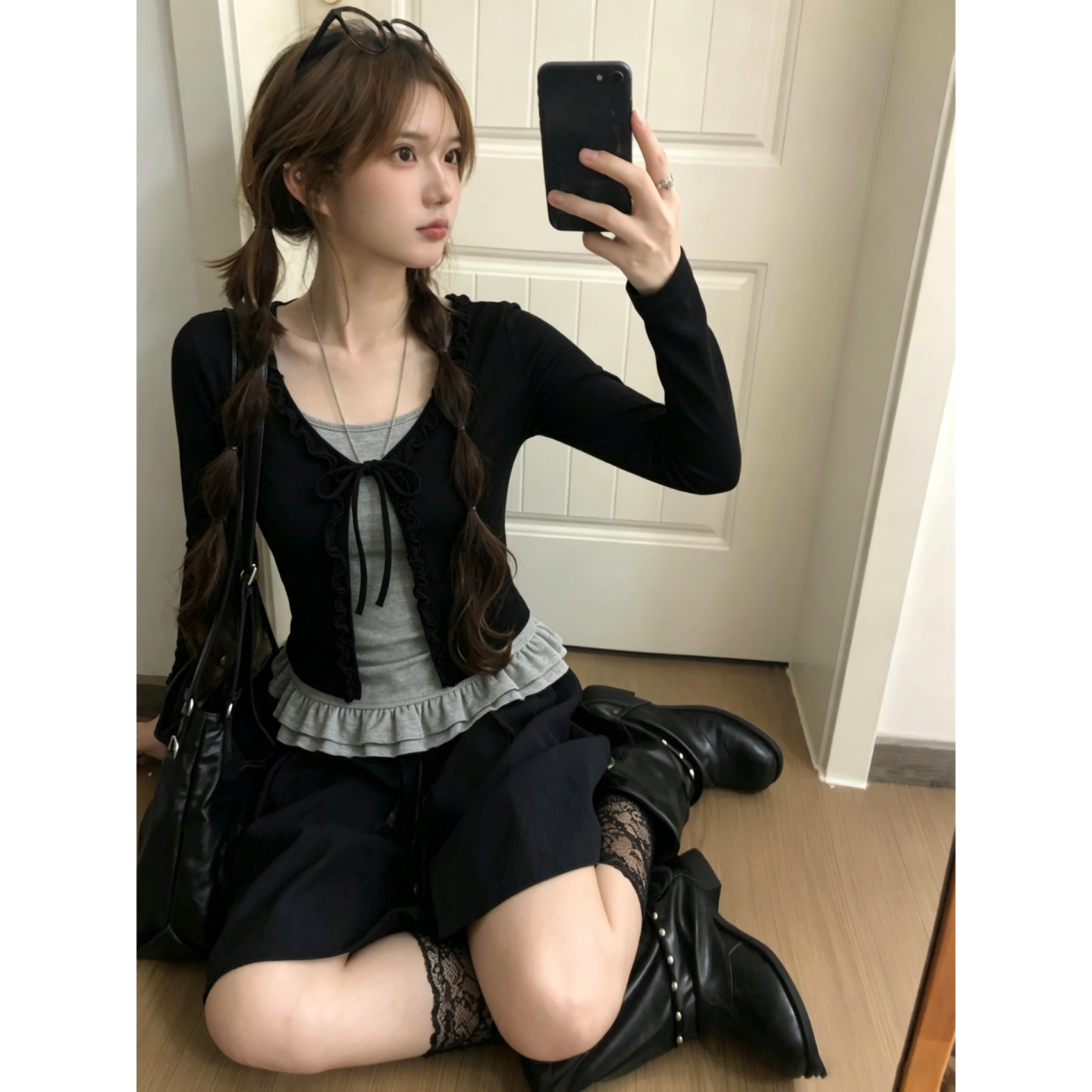 氛围感假两件拼接木耳边系带长袖T恤女韩系甜美正肩打底开衫上衣