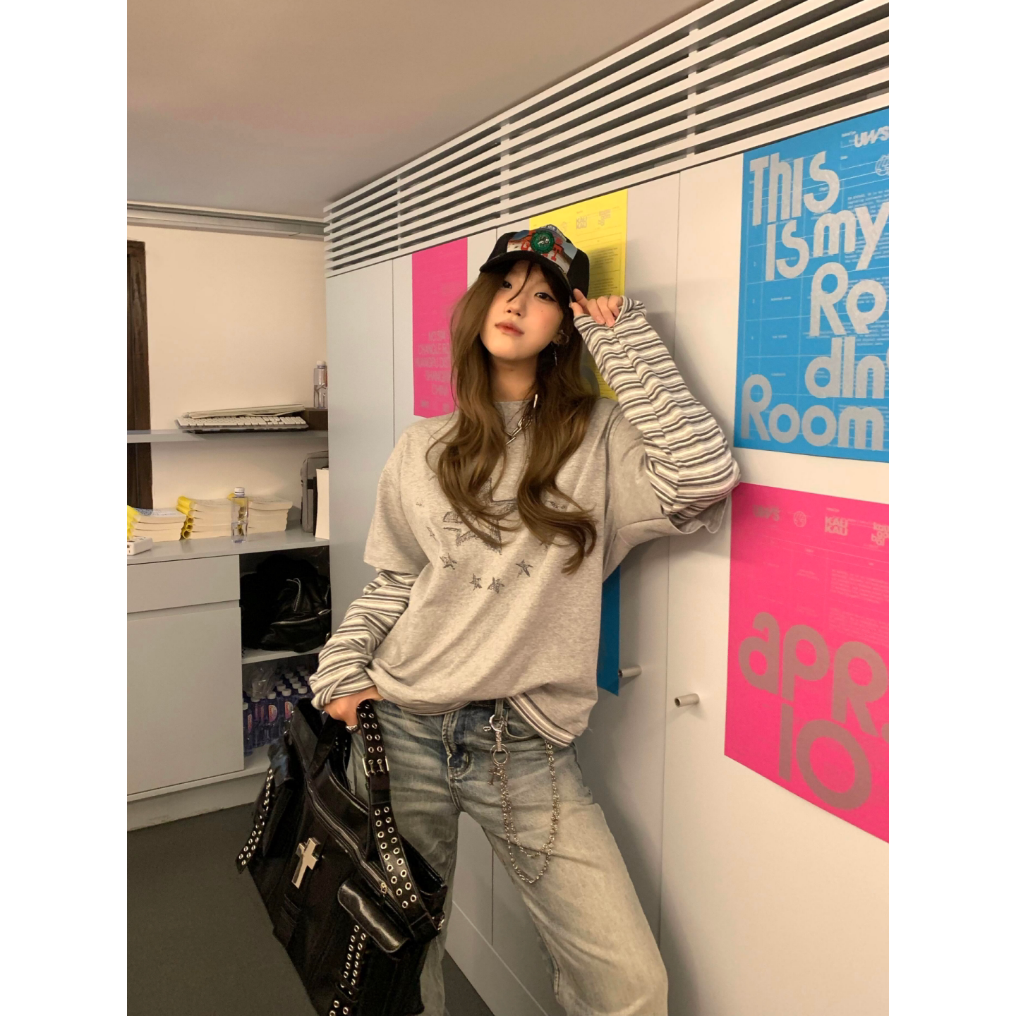 韩系假两件星星印花长袖T恤女早秋宽松条纹拼接叠穿感慵懒上衣潮