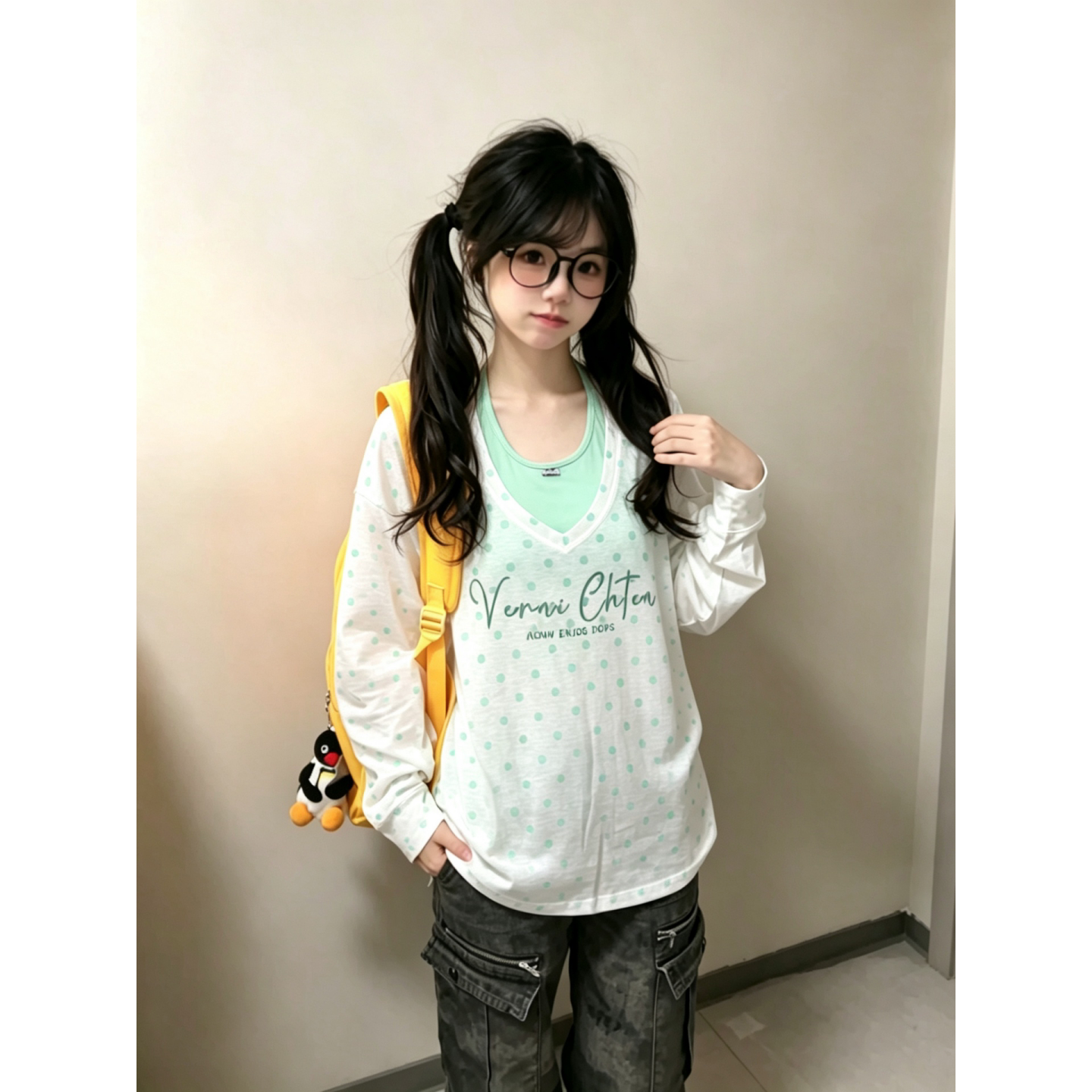 韩系波点挂脖吊带T恤外套两件套图片