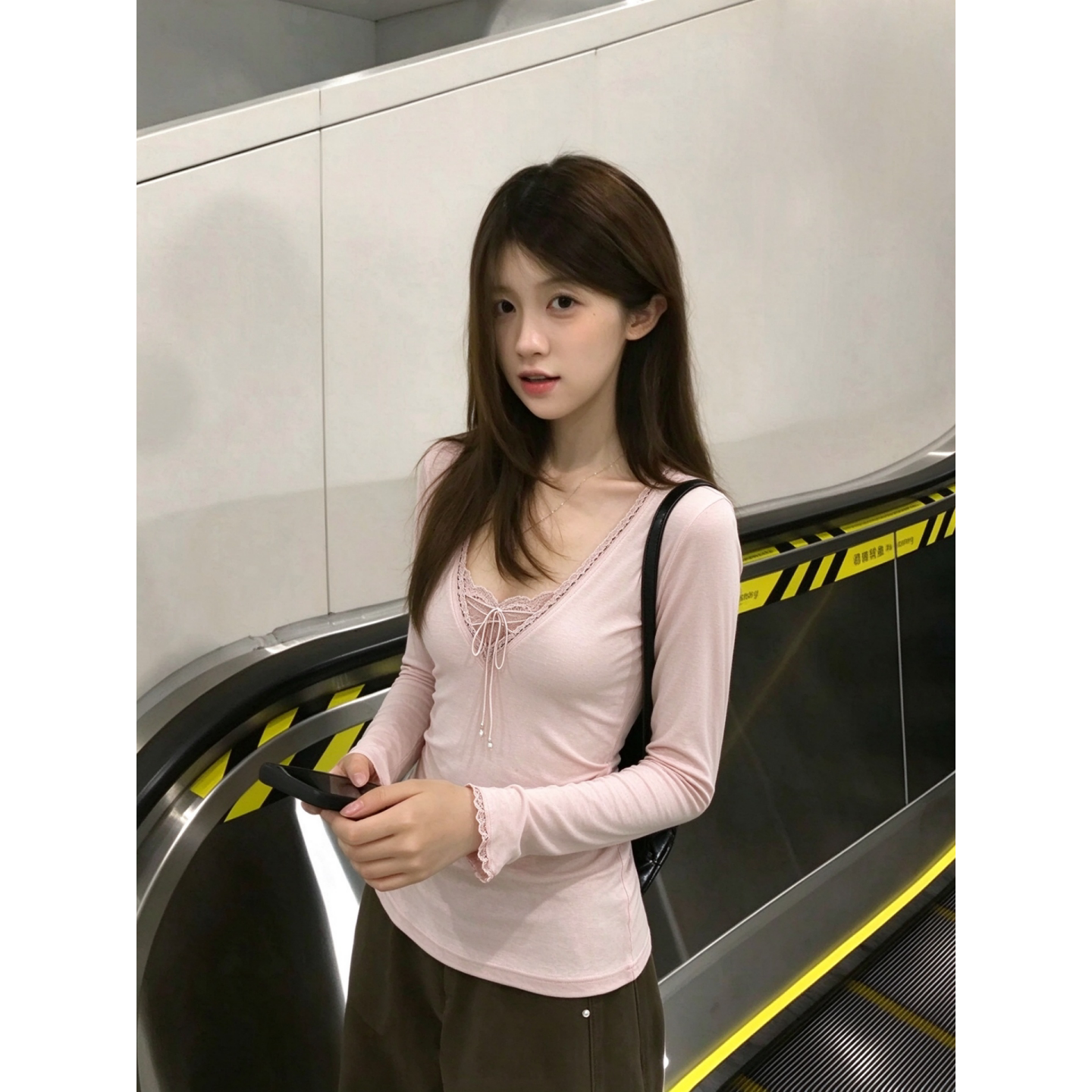 温柔粉色蕾丝花边V领长袖打底衫女假两件绑带修身辣妹内搭小上衣