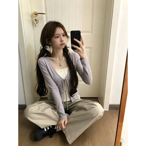 韩系紫色假两件碎花长袖叠穿上衣