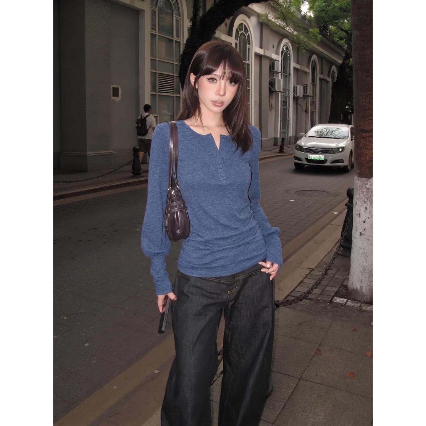 韩系chic亨利领长袖T恤女早秋穿搭修身打底衫蓝色2026新款上衣潮