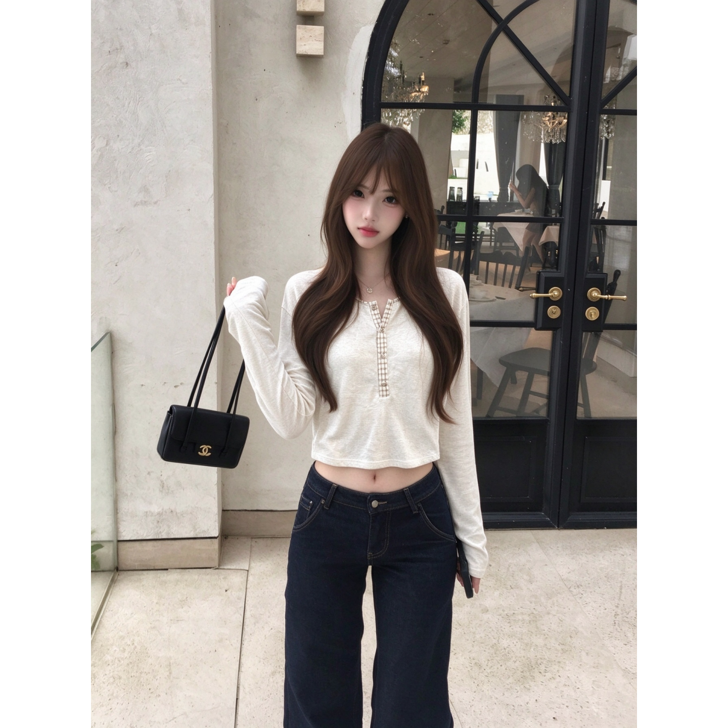 设计感格纹拼接亨利领长袖T恤女短款露腰秋季内搭打底衫休闲上衣