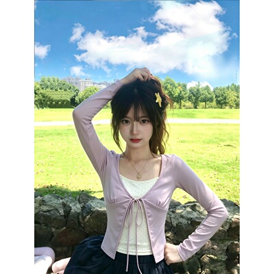 韩系浅紫色假两件碎花设计感上衣