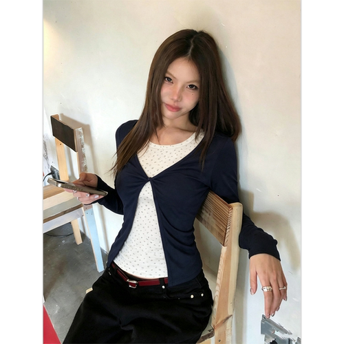 【宋正恩】碎花假两件长袖t恤女