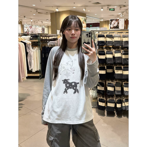 拼色插肩女孩印花长袖T恤女上衣