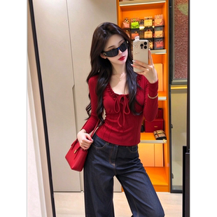 辣妹红色系带V领长袖上衣蕾丝收腰显瘦修身内搭打底衫女T恤秋冬季