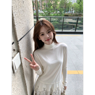 韩系温柔风假两件蕾丝T恤打底衫女长袖秋冬季中长款遮肉内搭上衣