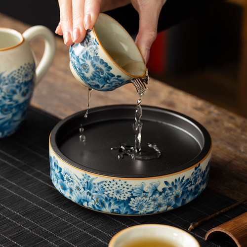 汝窑金万花陶瓷壶承干泡台储水茶台茶洗功夫茶具配件建水养壶托盘
