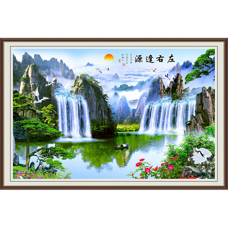 字画风景画玄关流水生财山水墙壁背景贴画墙贴客厅装饰画贴纸自粘