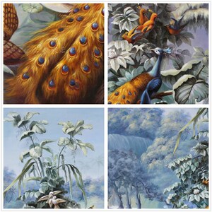 128x99欧式优雅法式蓝色调花鸟风景纯手绘油画玄关画沙发横壁炉画