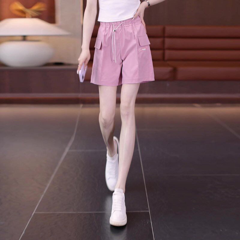 粉色工装短裤女夏季薄款2025新款高腰宽松阔腿五分裤子夏直筒女裤
