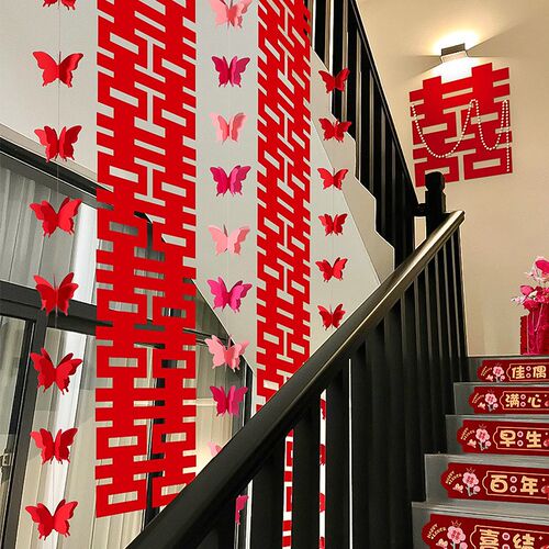 结婚楼梯扶手装饰纱幔高级感婚房布置套装喜字长条女男方婚礼拉花