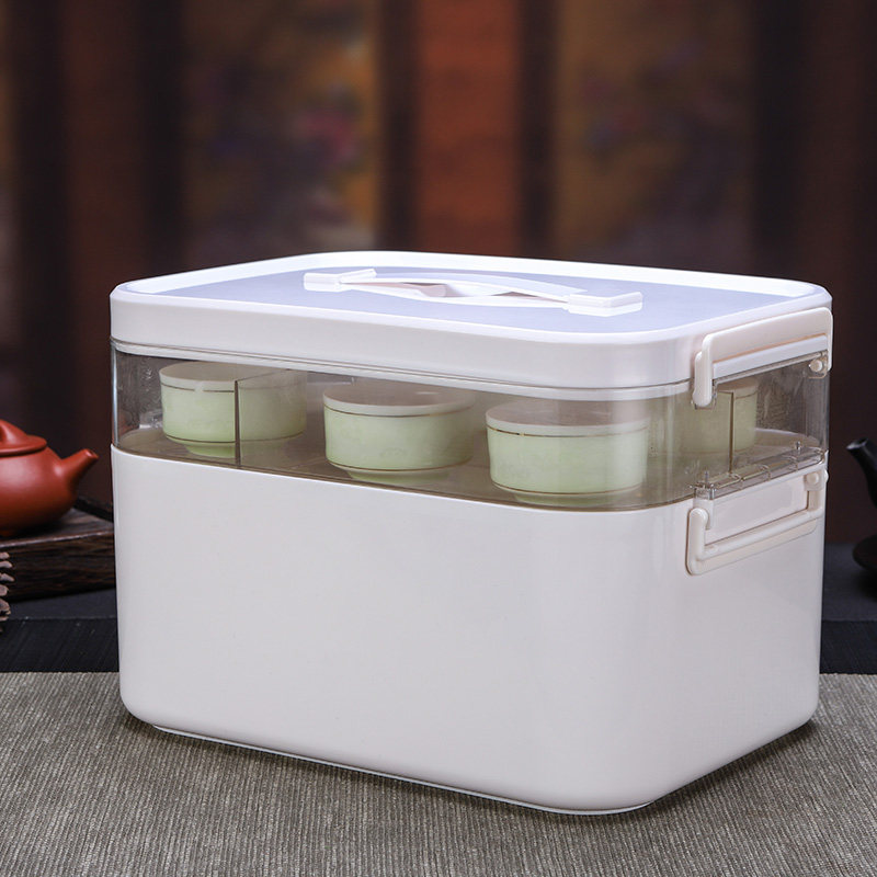 便携双层分格茶具杯壶收纳盒塑料PP手提车载塑料可叠加茶桌储物箱