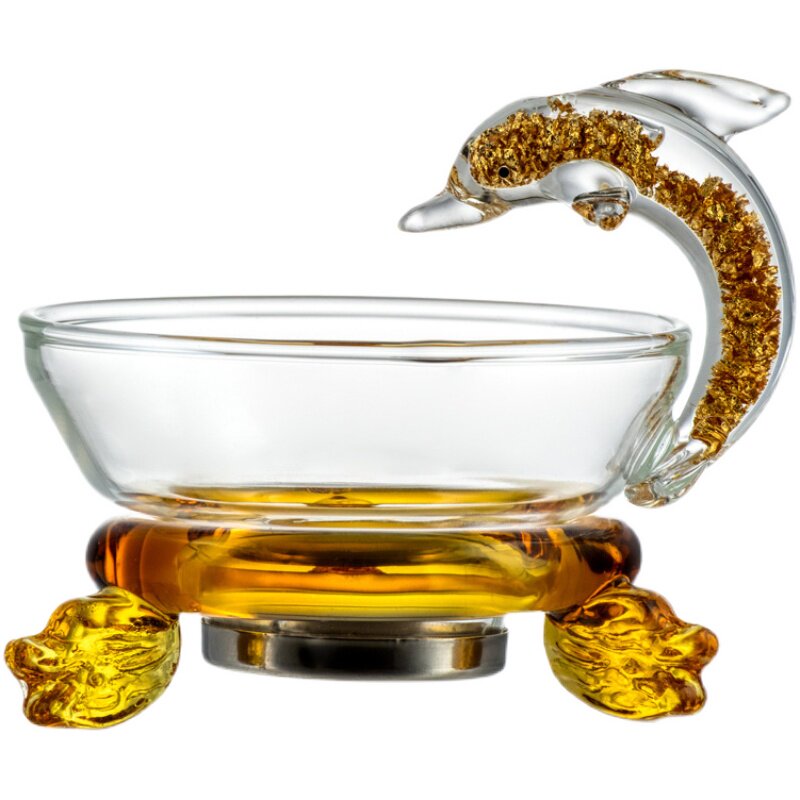 金箔海豚茶漏高硼硅玻璃金箔把公杯侧把茶壶茶滤过滤水晶滤茶茶具