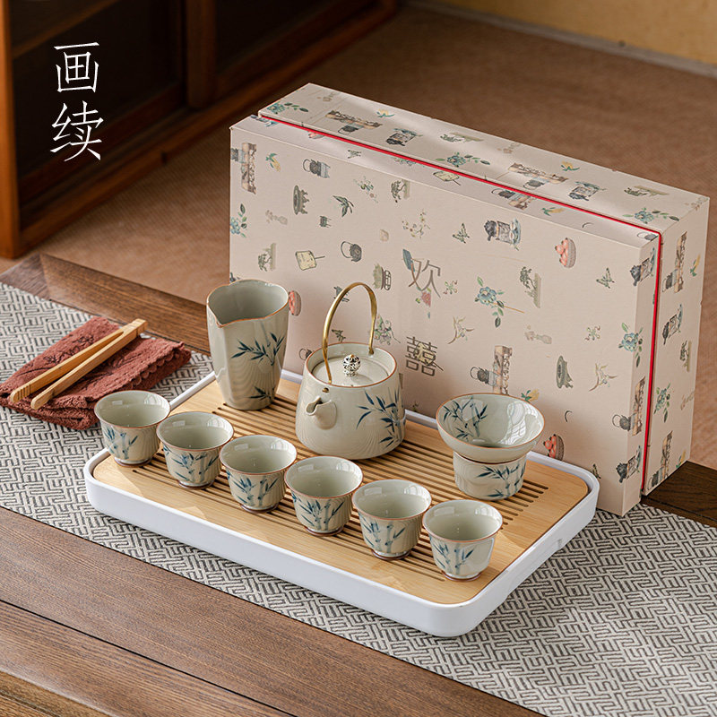画续草木灰手绘竹子茶壶功夫茶具套装家用客厅喝茶杯带茶盘整套